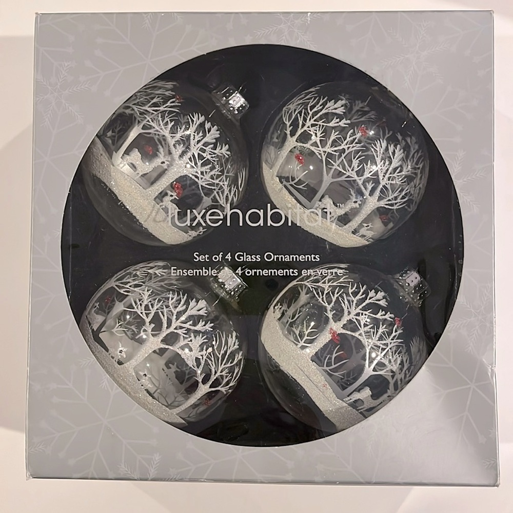 New LUXE HABITAT Flocked Glass Christmas Ornaments Box of 4 Glitter